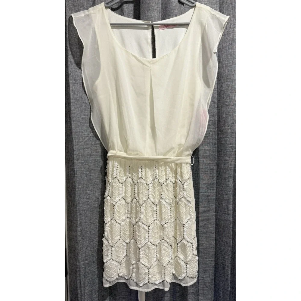 cream lace dress juniors Prinky Ivory Cream Midi Lace Deatail Crochet Short Sleeve Dress, Juniors XL